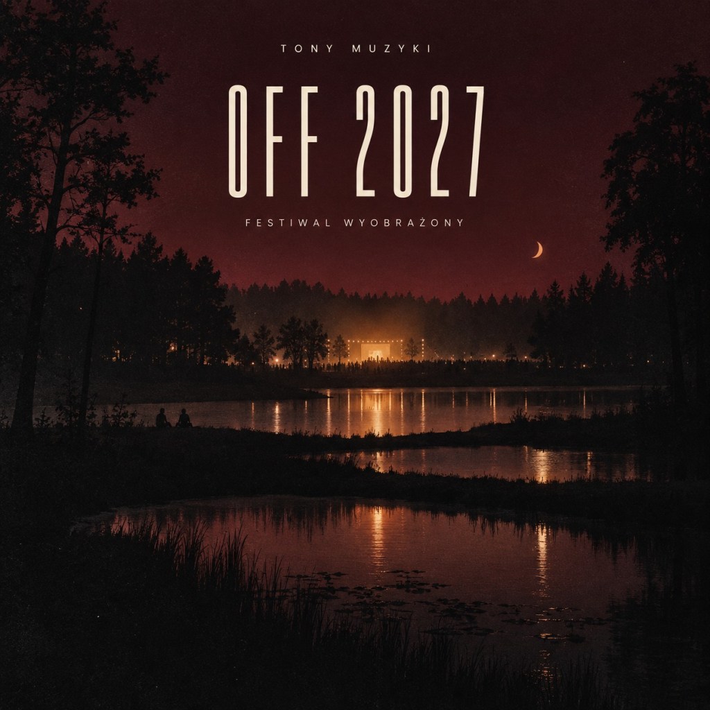 Nocny pejzaż nad trzema stawami, bursztynowe światło sceny i napis Tony Muzyki. OFF 2027. Festiwal wyobrażony.