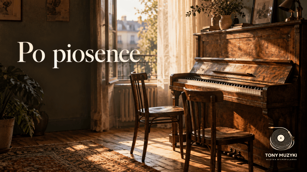 Stare pianino, dwa krzesła i otwarte okno w ciepłym świetle. Po lewej tytuł „Po piosence”, w rogu małe logo Tony Muzyki.